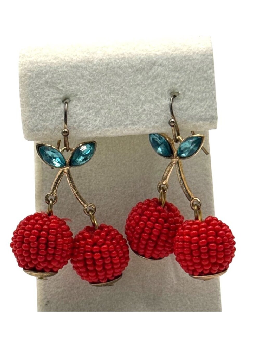 Cherry Dangle Earrings Red Beaded Clusters Green Crystal Leaves Playful Jewelry